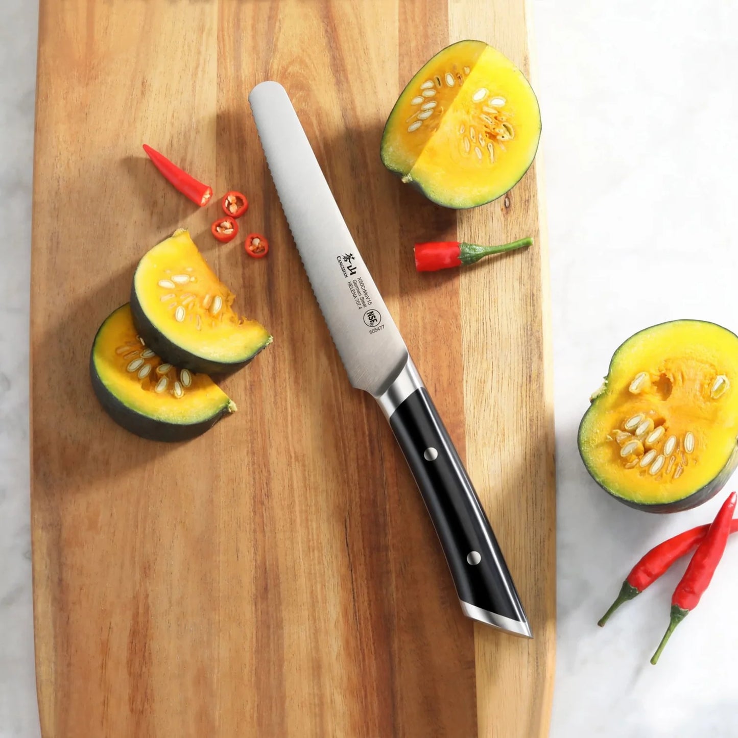 Cangshan Helena 5" Serrated Utility Knife w/Sheath, Black