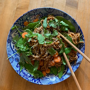 Spicy Peanut Noodles with Chipotle Angel Hair and Spinach