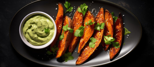 Glazed Berbere Sweet Potato Wedges with Cilnatro Lime Crema