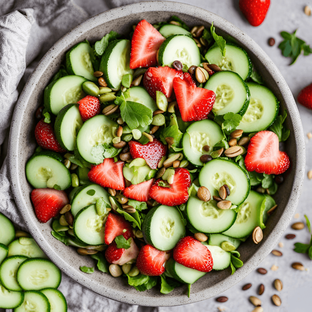 A salad made with sliced strawberries and cucumbers topped with pumpkin seeds