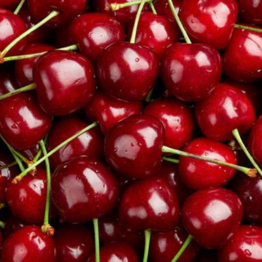 Shiny red cherries with green stems