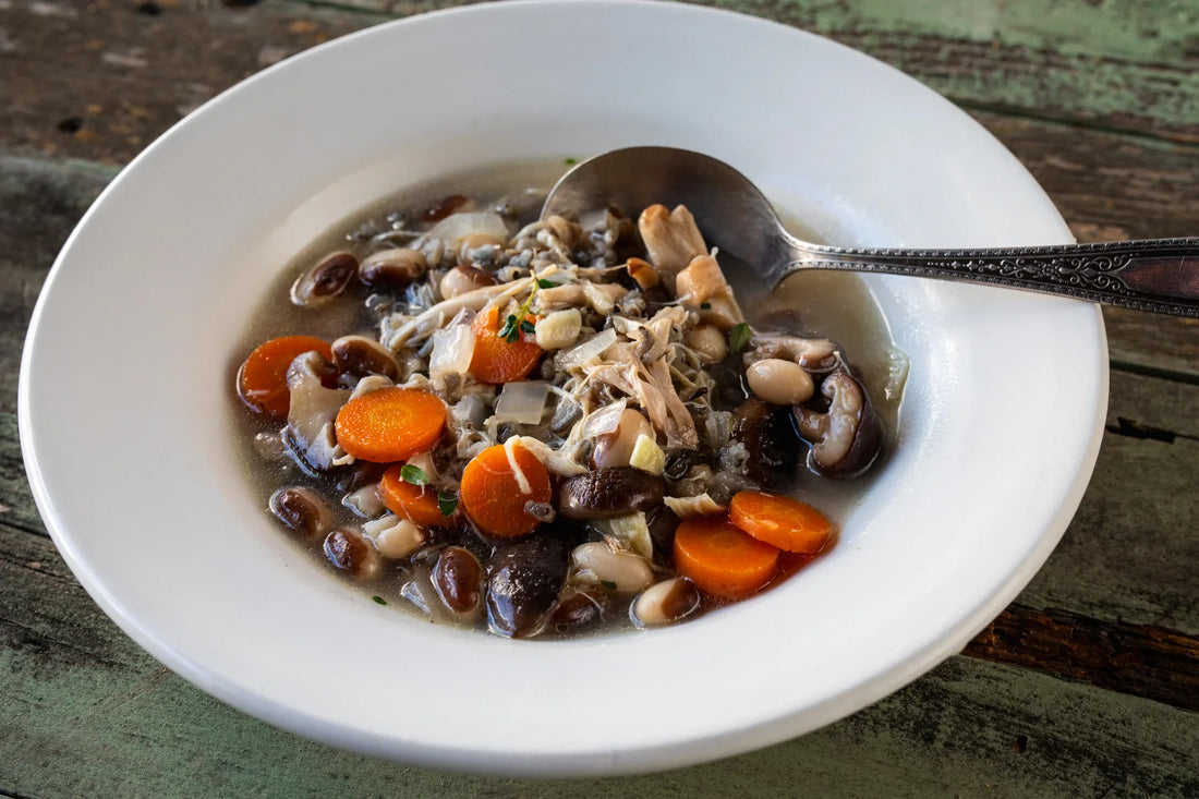 Rancho Gordo Chicken, Wild Rice, and Yellow Eye Soup in the Slow Cooker