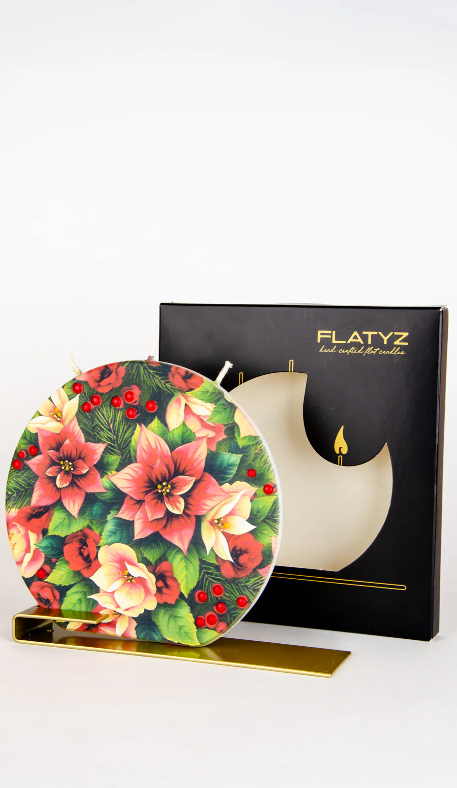 Flatyz Round Candle: Red Pointsettias & Christmas Florals