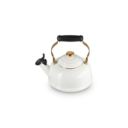 Le Creuset Kettle: Whistling, White w/ Light Gold Knob