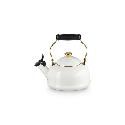 Le Creuset Kettle: Whistling, White w/ Light Gold Knob