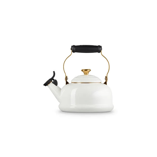 Le Creuset Kettle: Whistling, White w/ Light Gold Knob