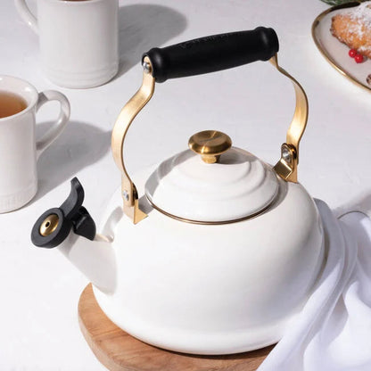 Le Creuset Kettle: Whistling, White w/ Light Gold Knob