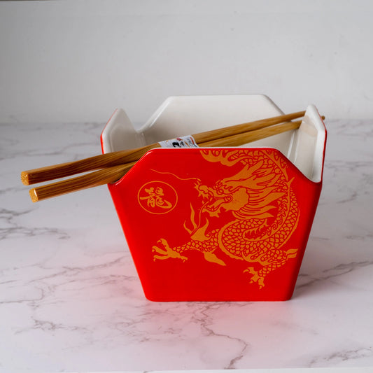 Urban Tokyo 'Takeout' Noodle Bowl with Chopsticks: 16 oz., Dragon (Red)
