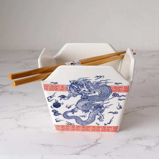 Urban Tokyo 'Takeout' Noodle Bowl with Chopsticks: 16 oz., Dragon (White)