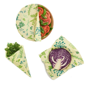 Bee's Wrap Plant Based Wraps: Assorted Set of 3 (S,M,L), Herb Garden