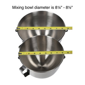 2 KitchenAid bowls with tape measures across the top, showing the range of diameters (8.25 - 8.5") that work with the attachment