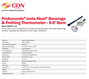 CDN Beverage And Frothing Thermometer: 6.5" Stem