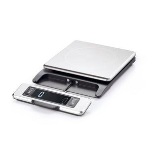 Angled side vied of OXO 11 lb scale with pull out display extended